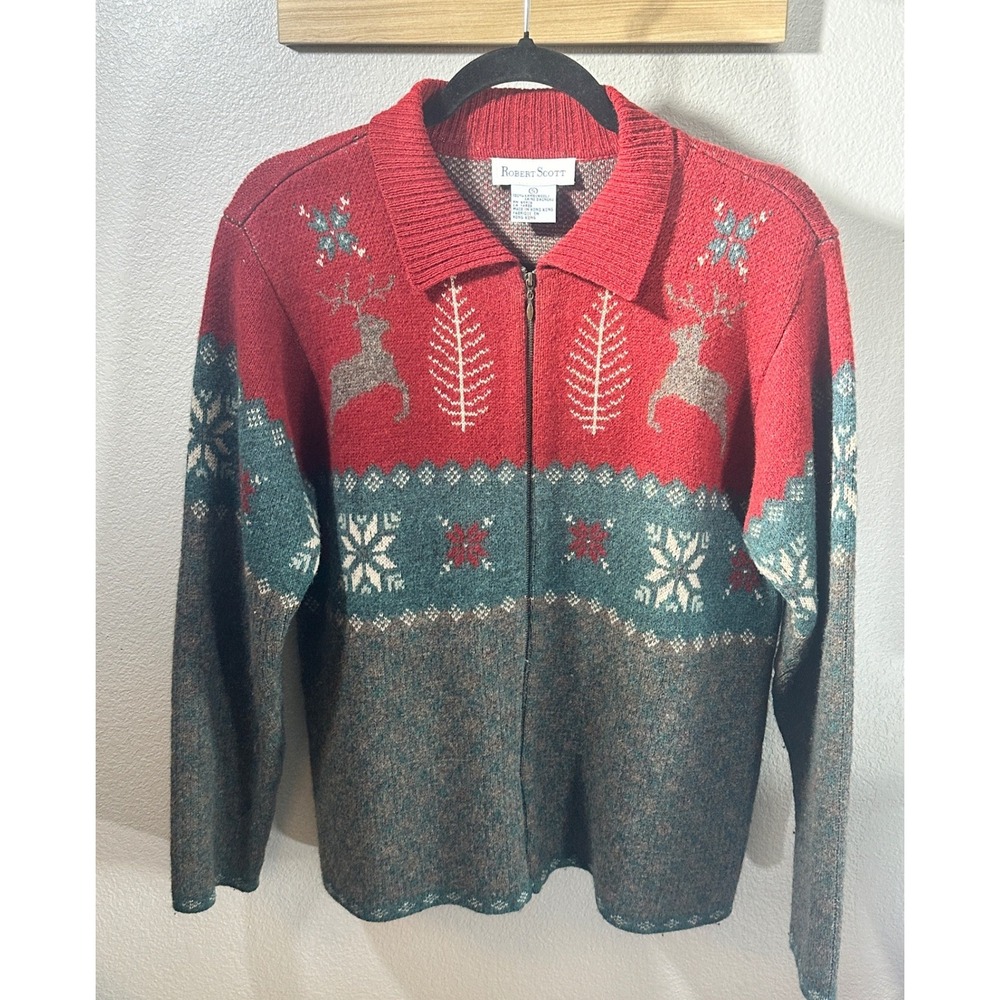 Robert Scott Vintage 100% Lambswool Reindeer Fair Isle Zip Cardigan Sweater